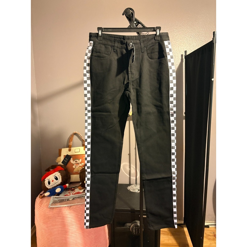 Young & Reckless Black Denim Pants, Checkered Strip down Sides, Sz 31